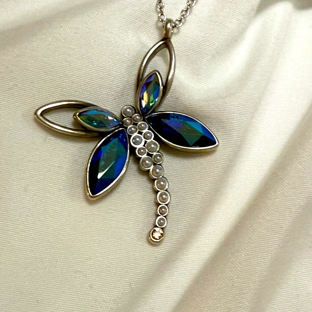 Touchstone Crystal Silver and Blue Dragonfly Pendant Necklace